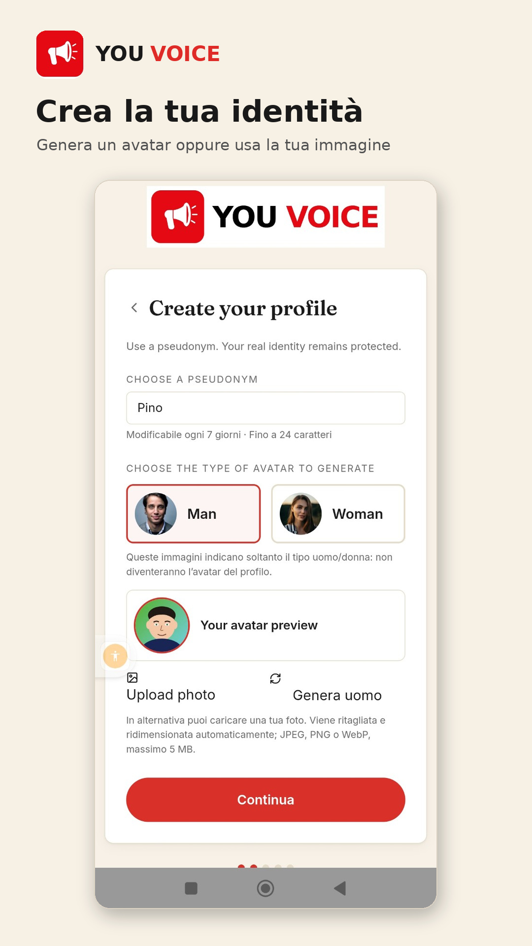 Creazione del profilo e dell'avatar in You Voice