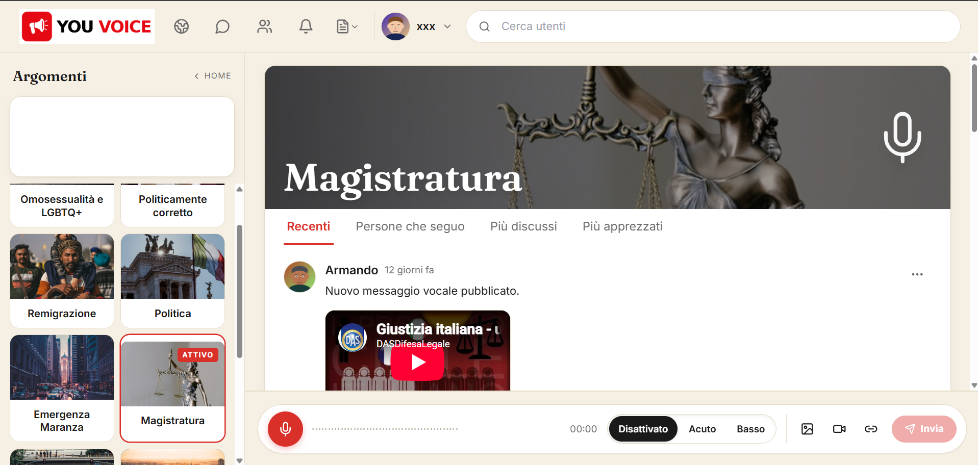 Schermata completa di You Voice per desktop con tutti i topic
